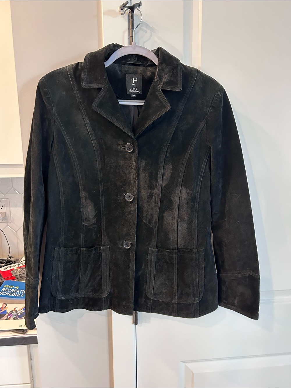 Lady Hathaway Black Suede Leather Button Front Jacket Vintage Style Minimalist